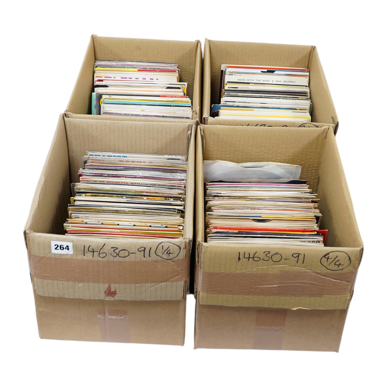 Four boxes of 7 inch singles, record labels include; Columbia, Parlophone, RCA, London, Brunswick, HMV, etc., artists include; Hank Williams, Ray Charles, the righteous brothers, Bill Haley and His Comets, Chuck Berry, A